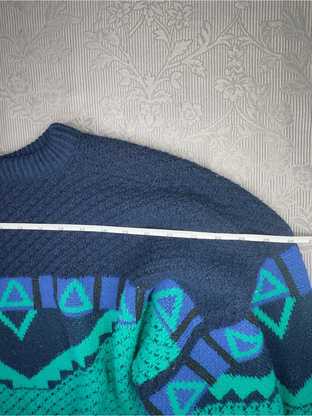Vtg Robert Bruce Teal Navy Geo Print Long Sleeve Crewneck Sweater L